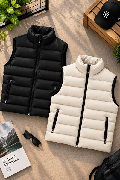 legends butik Erkek 2’li Dolumlu Şişme Yelek Seti Dik Yaka Fermuarlı Çift Cep...