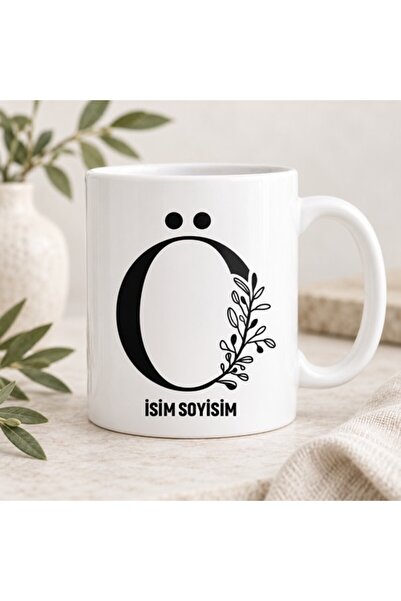 Ö Harfli İsim Alanlı Kupa Bardak Siyah Yapraklı Monogram