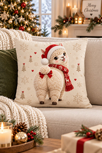 ayshome textile Dijital baskılı Yılbaşı Kutlaması Patili Dostlar 2'Li Kırlent Kılıfı Seti