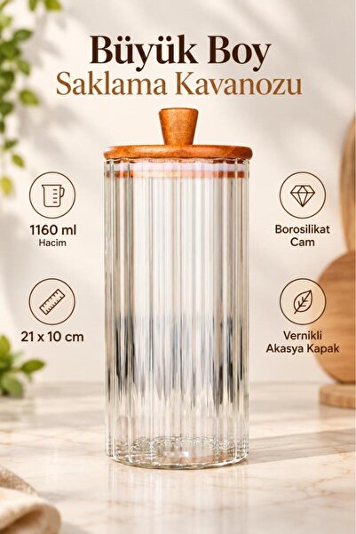 Atbyhome Çizgili Borosilikat Cam Erzak Kavanozu 1160 ml 21x10 cm - Vernikli A...