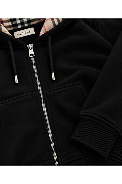 Gofeel Ekose İç Detaylı Fermuarlı Kapüşonlu Hoodie Zip Hırka