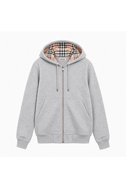Gofeel Ekose İç Detaylı Fermuarlı Kapüşonlu Hoodie Zip Hırka