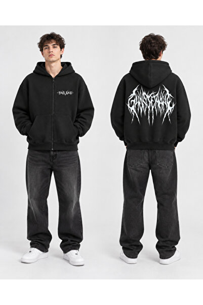 Dupe Design Baskılı Fermuarlı Kapüşonlu Hırka Unisex Oversize Siyah Hoodie St...
