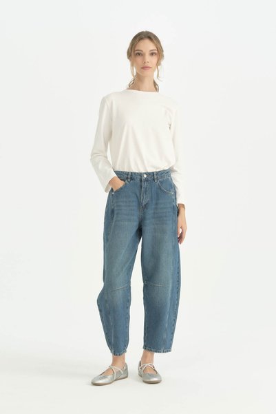 Nihan Dikiş Detaylı Denim Havuç Pamuklu Pantolon - İndigo