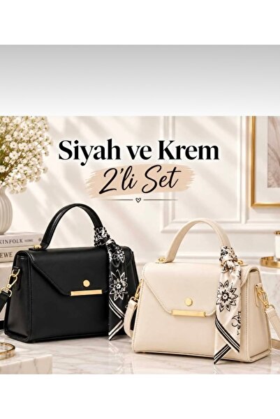 Arvelia Siyah,Krem 2’li Paket Suni Deri Fular Detaylı El Ve Omuz Çantası