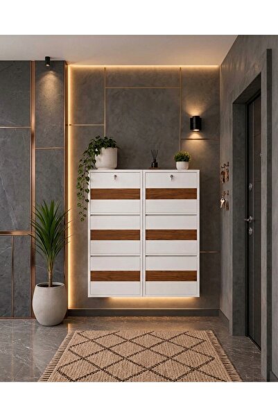 Moemi 3+3 AHŞAP DESENLİ KİLİTLİ BEYAZ METAL AYAKKABILIK 12 ÇİFT