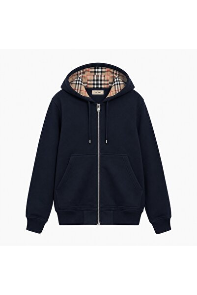 Gofeel Ekose İç Detaylı Fermuarlı Kapüşonlu Hoodie Zip Hırka