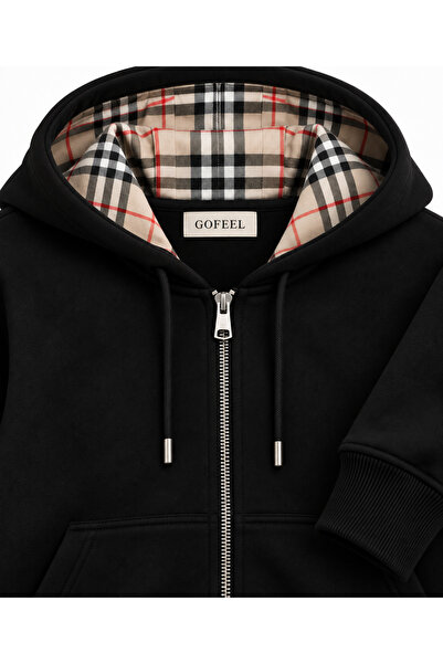 Gofeel Ekose İç Detaylı Fermuarlı Kapüşonlu Hoodie Zip Hırka
