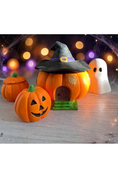 LappeL 4'lü Cadı Balkabağı Evi Halloween Dekor Seti - Hayalet Biblo + Balkaba...