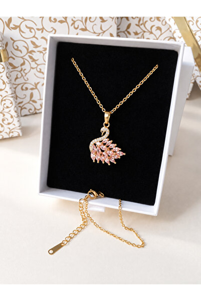 emirOmade Pembe Taşlı Kuğu Kolye Gold Rengi 14 Ayar Altın Kaplama 2,1x2,4cm P...