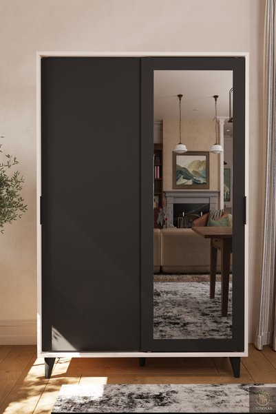 Liminal Aynalı Vestiyer – 8 Raflı, Sürgü Kapaklı Portmanto & Askılık, Vizon Bej / Antrasit