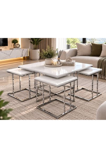 ERYALUX HOME 5'Lİ RİO YAVRULU GÜMÜŞ - BEYAZ ORTA SEHPA