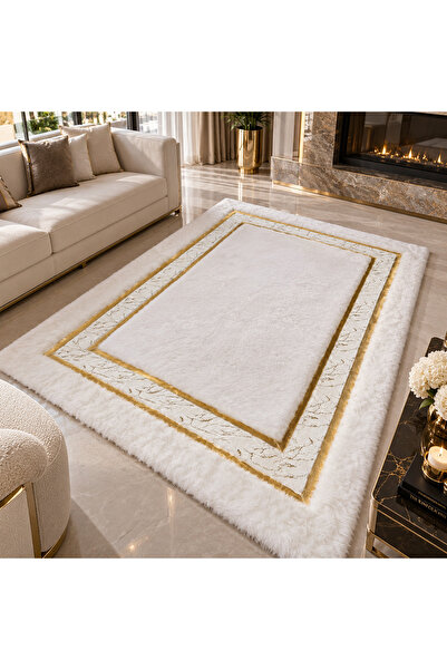 Volas Gold Bordürlü Beyaz Peluş Halı Mermer Detaylı Modern Lüks Salon ve Otur...
