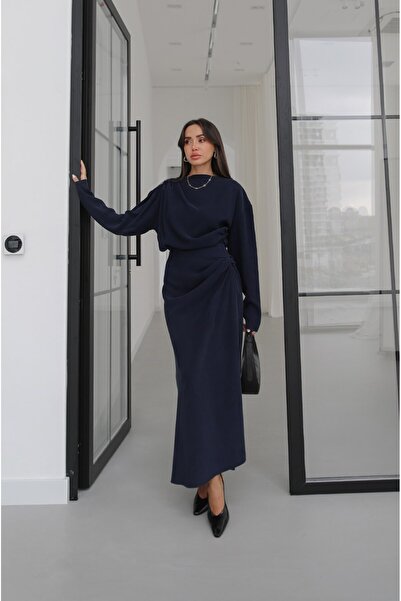 Havoş Lacivert Shirred Asimetrik Bluz Etek Takım