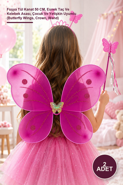 Yenilig 2-Piece Butterfly Girl Set – Fuchsia Tulle Wings 50 Cm, Flexible Crow...