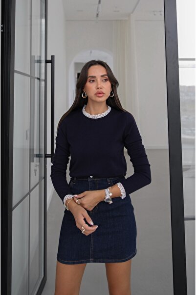 Havoş Marineblauer Spitzenpullover mit langen Ärmeln