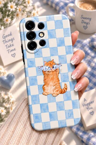 Kipgsm Samsung Galaxy S25 Ultra Uyumlu Kılıf Mavi Kareli Balık Tutan Kedi Des...
