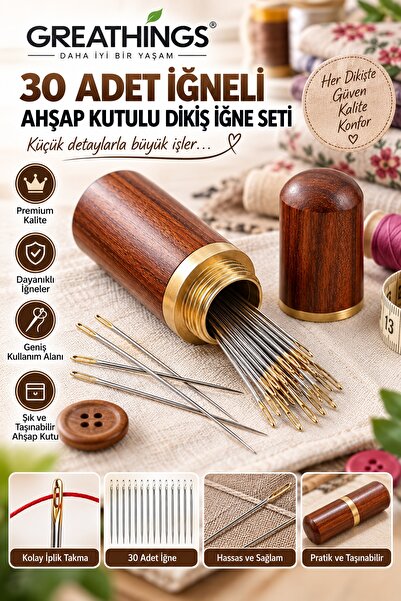 Greathings 30 Adet Çelik Dikiş İğnesi Seti Ahşap Saklama Kutulu El İşi Nakış ...