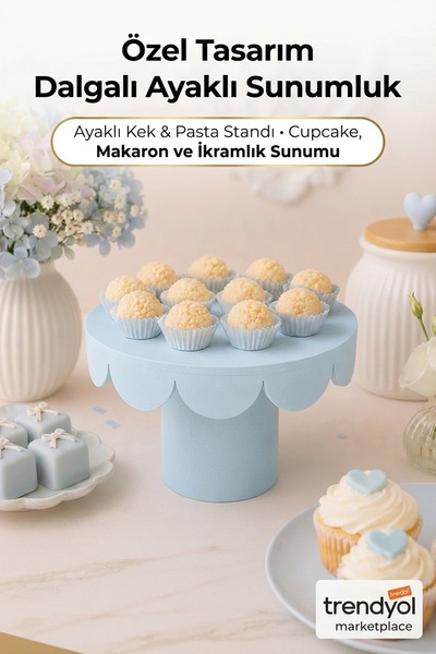 Jüjü Design 3D Baskı Dalgalı Kenarlı Ayaklı Kek Pasta Sunumluğu Pastel Mavi Y...