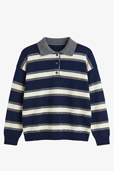 Havoş Marineblauer Andy gestreifter Pullover mit Polokragen