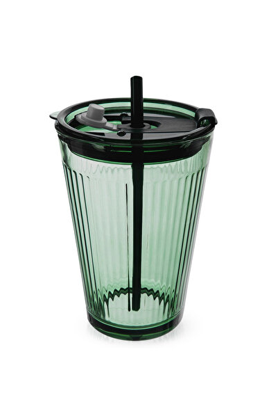 Orion Cană de sticlă VERDE cu capac și pai 450 ml