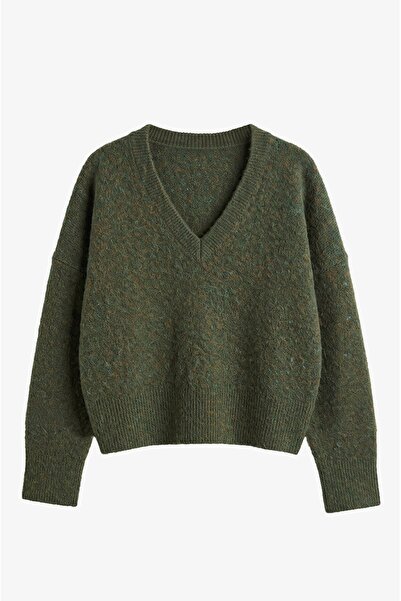Havoş Khakifarbener Pullover mit V-Ausschnitt und weicher Textur