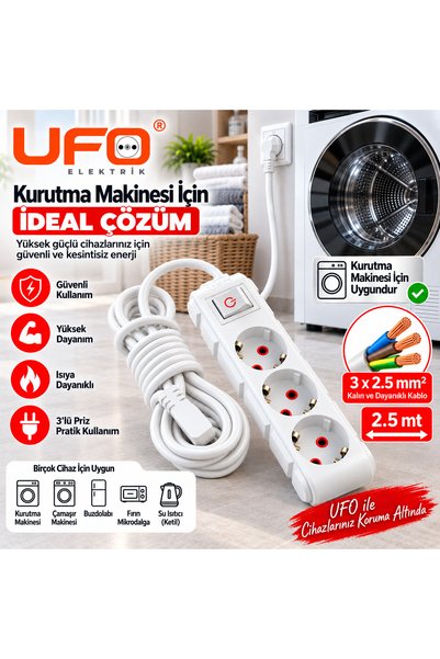 UFO Yüksek Güçlü Cihazlar İçin Uzatma Kablosu 3x2,5 mm² – Kurutma Makinesi Çamaşır Makinesi Bulaşık Makinesi ısıtıcı için Topraklı Anahtarlı Priz 2.5 Metre (Beyaz)
