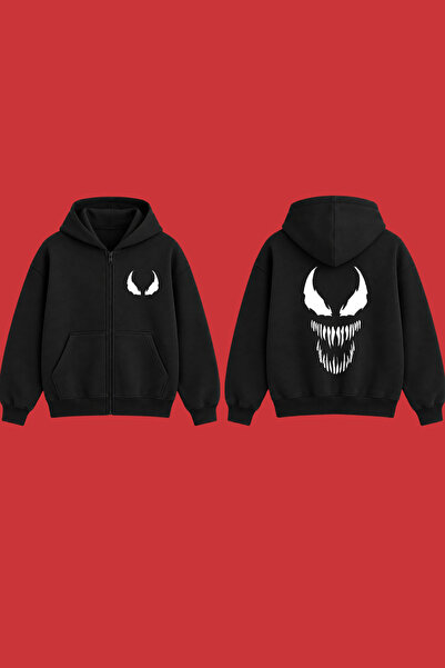Dupe Design Baskılı Fermuarlı Kapüşonlu Siyah Hırka Unisex Oversize Canavar Y...