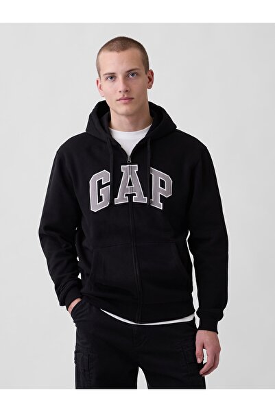 GAP Erkek Siyah VintageSoft Arch Logo Tam Fermuarlı Sweatshirt