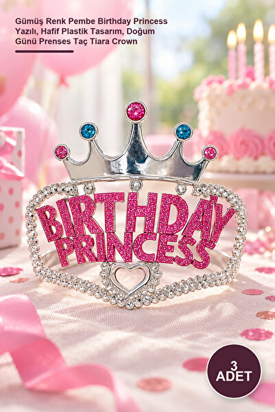Yenilig 3 Pieces Children's Party Crown - Silver Color with Pink Birthday Pri...