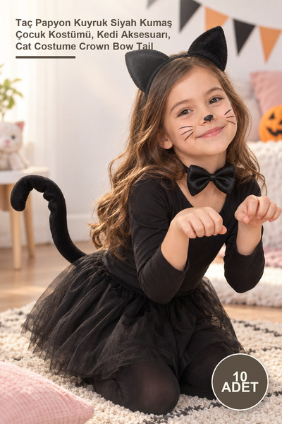 Yenilig 10 Pcs Cat Costume Set – Crown Bow Tie Tail Black Fabric Kids Costume...