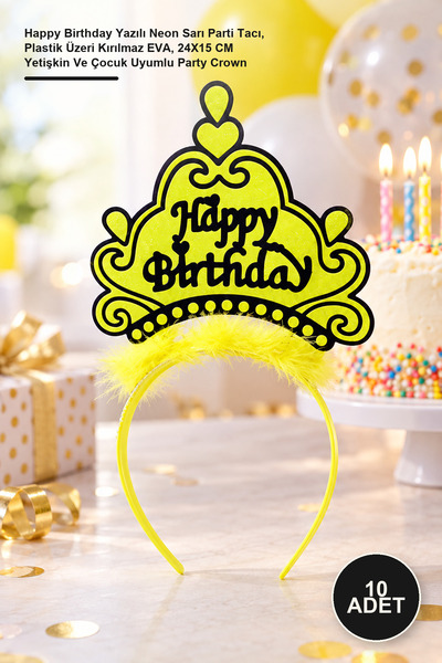 Yenilig 10 Birthday Crowns – Neon Yellow Party Crown with Happy Birthday Writ...