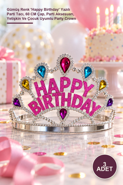 Yenilig 3 Pieces Birthday Crown - Silver Color'Happy Birthday' Written Party ...
