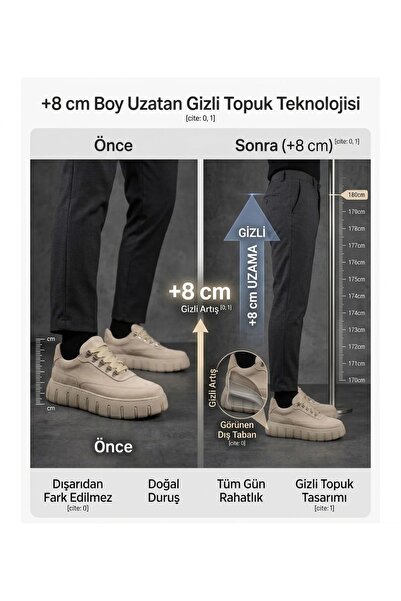 GT Ayakkabı 8 cm Boy Uzatan Ayakkabı Gizli Topuk Bej Süet Erkek Spor Ayakkabı...