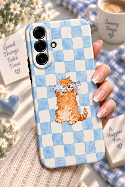 Kipgsm Samsung Galaxy A36 Uyumlu Kılıf Mavi Kareli Balık Tutan Kedi Desenli K...