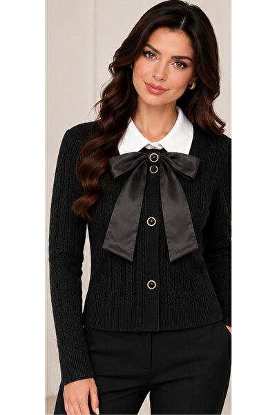 NO BRAND Cardigan damă cu guler tip cămașă și fundă detașabilă - negru