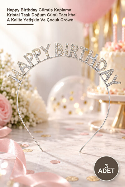 Yenilig 3 Pieces of Crown – Happy Birthday Silver Plated Crystal Stone Birthd...