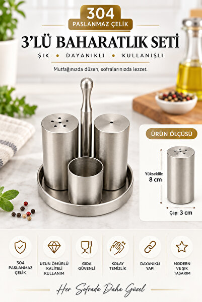 FİTHOME 304 Paslanmaz Çelik 3’lü Baharatlık Seti – Tuzluk, Biberlik ve Kürdan...