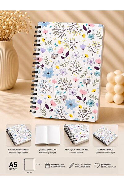 ÖZ KIRTASİYE Çiçek Desenler A5 Çizgisiz Defter