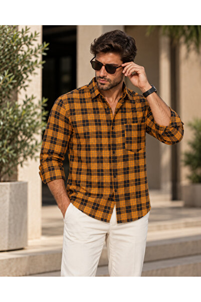 GFT FASHION Men's Long Sleeve Plaid Shirt Orange Black
