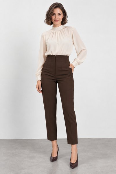 bihan store Kadın Bilek Boy Kemersiz Klasik Pantolon W27-247 - Kahverengi