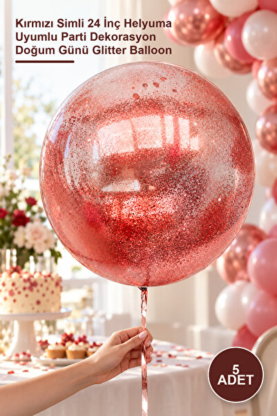 Yenilig 5 Pieces of Transparent Round Balloons – Red Glitter 24 Inch Helium C...