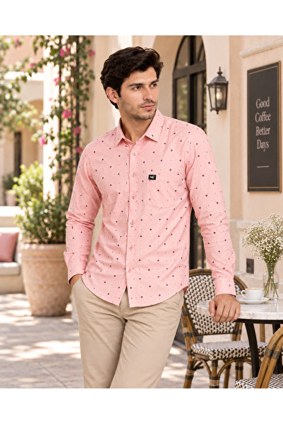 GFT FASHION Men's Long Sleeve Micro Pattern Shirt Pink