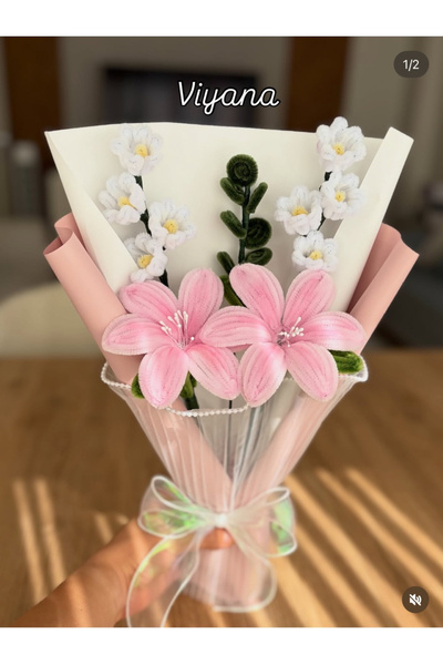EFA Flowers Viyana Pembe Şönil Lilyum Buketi – El Yapımı Solmayan Çiçek – Öze...
