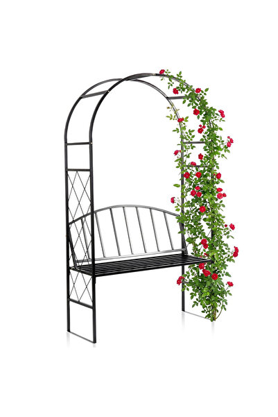 Vilde Pergolă de grădină cu o bancă metalică neagră 115x50x210 cm