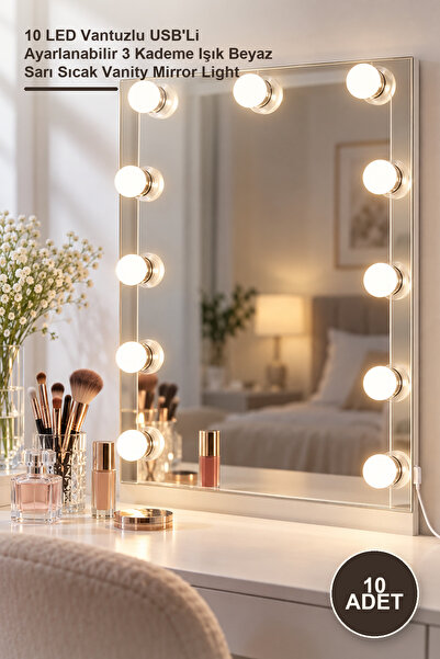 Yenilig 10 Adet Makyaj Aynası Işığı – 10 LED Vantuzlu USB'Li Ayarlanabilir 3 Kademe Işık Beyaz Sarı Sıcak Vanity Mirror Light