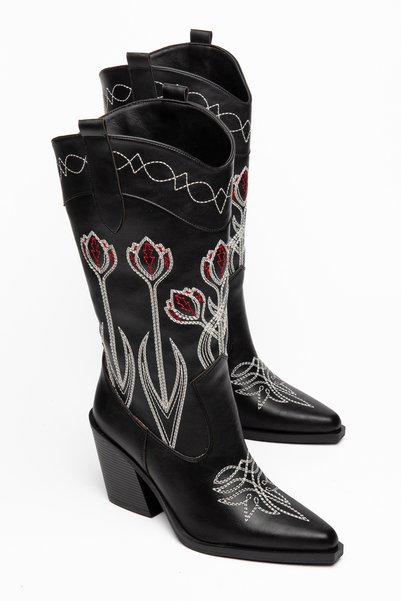 MS SUGAR SHOES Women's Cowboy Boots - Embroidered Pointed Toe Thick Heel