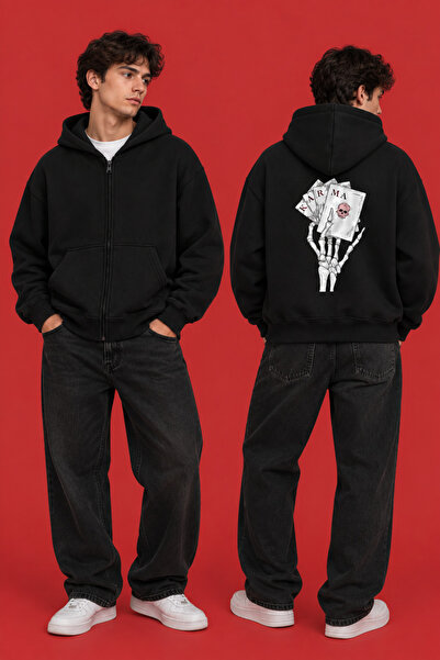 Dupe Design Hanorac unisex gotic Karma oversize cu fermoar și glugă, cu impri...