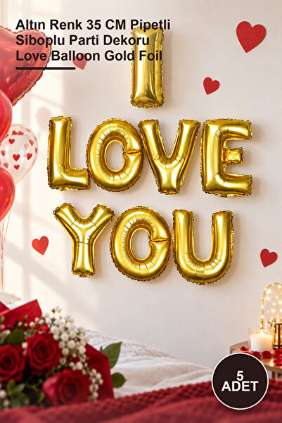 Yenilig 5 Pieces I Love You Foil Balloon – Gold Color 35 cm with Straw and Va...