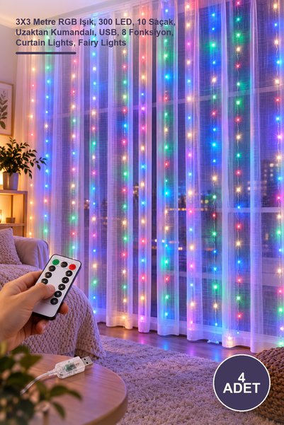 Yenilig 4 Adet Tel Perde LED – 3X3 Metre RGB Işık, 300 LED, 10 Saçak, Uzaktan...